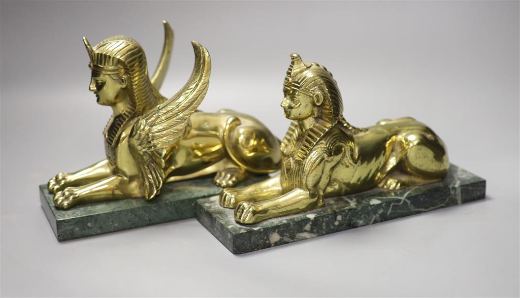 Two brass sphinx, one winged, on marble bases, tallest 17cm